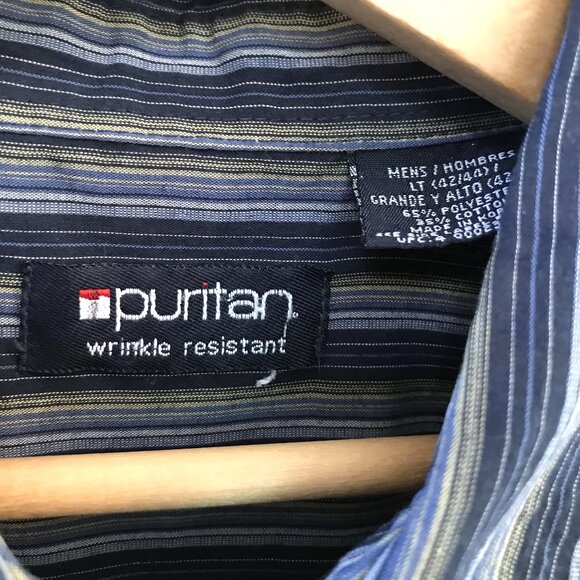 Puritan Striped Button-Down Shirt: Lightweight Blue Green, Mens LT 42/44 - Picture 7 of 10